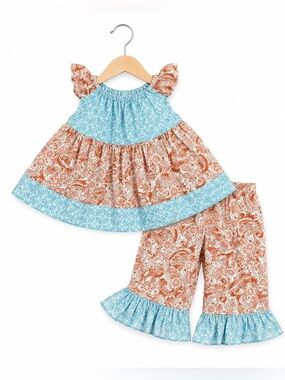 Hand Made Girls Outfit Size 2 3 Tribal Paisley Orange Blue Ruffles Set Handmade‎